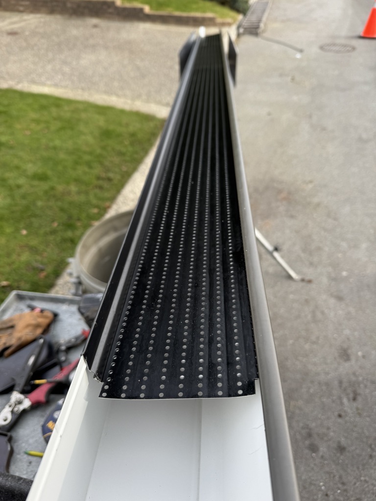 Black gutter guard seated inside a white gutter run