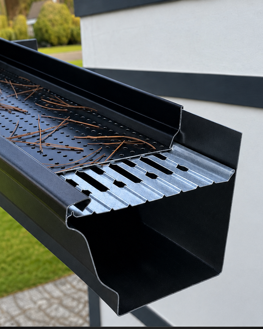 Dual-layer offset-hole gutter filter inside a black gutter with pine needles on the perforated top layer