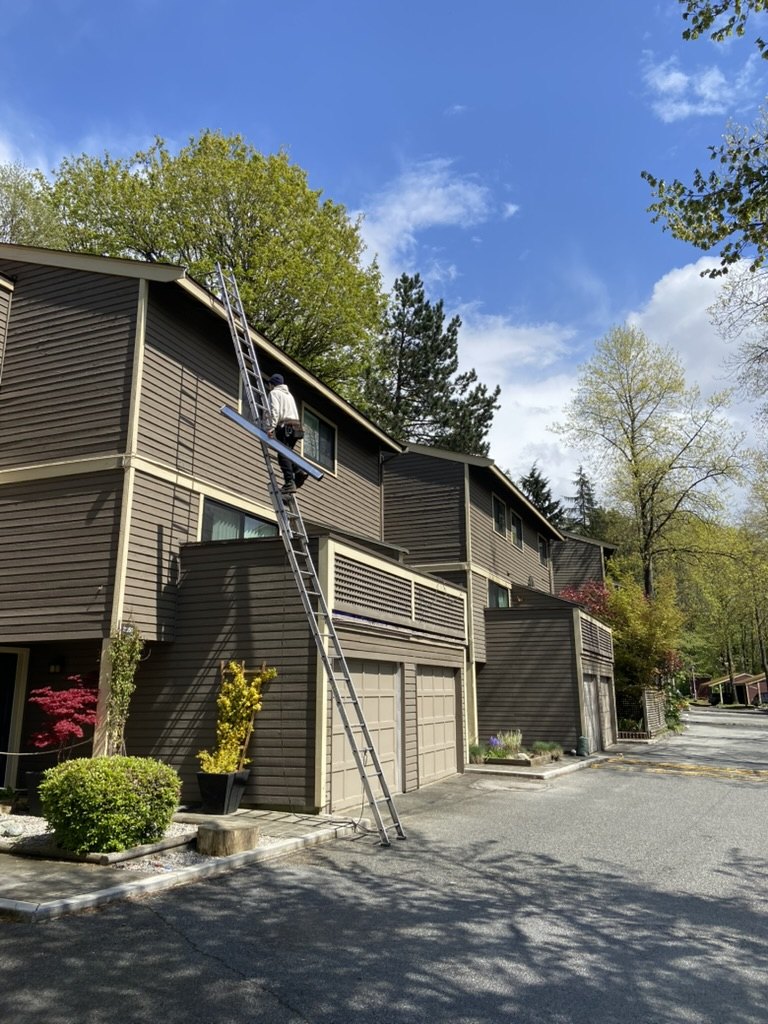 Gutter installation team working on a residential courtyard