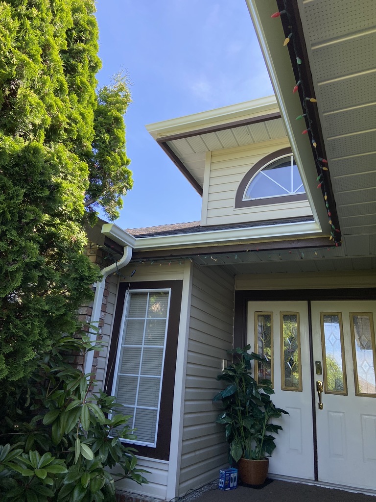 Finished white gutters and downspout at a front entry