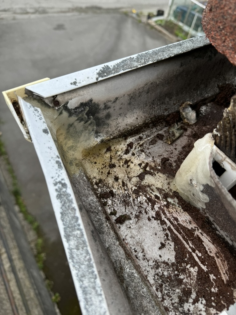 Dirty gutter corner before leak repair