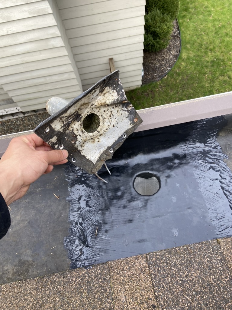 New gutter outlet patch after old outlet removal