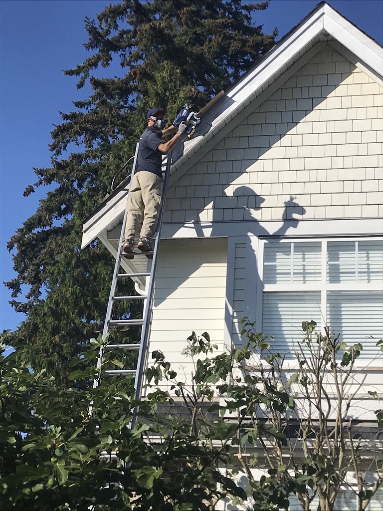 Exterior painting work on gable trim from a ladder