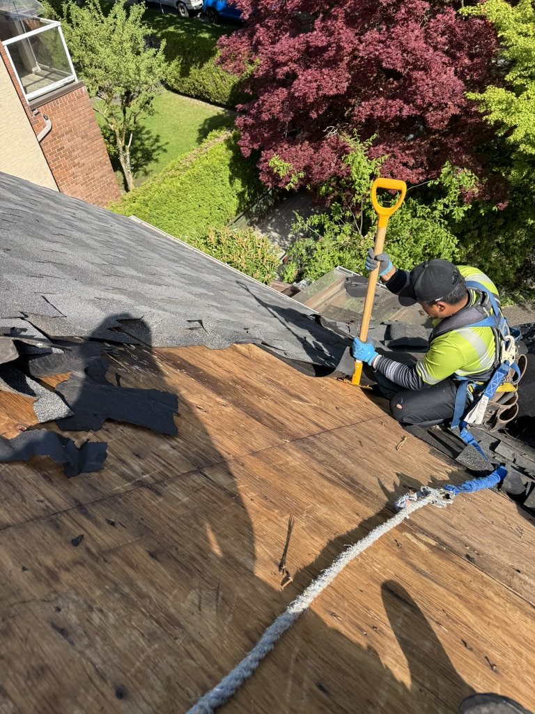 Old shingles removed to expose the roof deck during installation